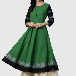 YASH GALLERY Green Cotton Printed Flared Kurta-image-12