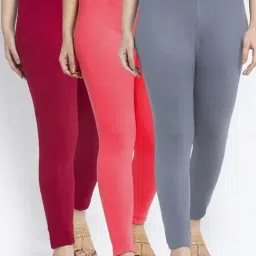 Gracit Grey & Peach Mid Rise Leggings - Pack Of 3-image-87