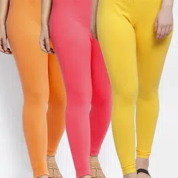Gracit Yellow & Peach Mid Rise Leggings - Pack Of 3-image-74