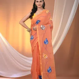 CHARUKRITI Orange Cotton Embroidered Saree-image-79