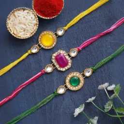 eCraftIndia Set of 3 Kundan Rakhis for Bhai, Bhabhi, Kids with Sibling Agreement & Roli Chawal Pack-image-32