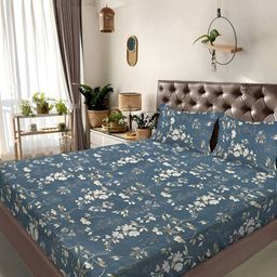 Myntra Elegant Homes Grey & White Floral 300 TC Super King Bedsheet Set-2.7 m X 2.7 m-0