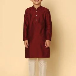 KISAH Maroon & Cream Solid Full Sleeves Kurta with Pyjamas-image-1
