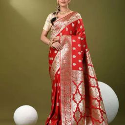 CHARUKRITI Red Silk Zari Saree With Unstitched Blouse-image-84