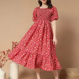 ZWERLON Floral Print Puff Sleeve A-Line Midi Dress-image-45