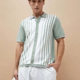 Bossini Grey & White Cotton Regular Fit Striped Shirts-image-60