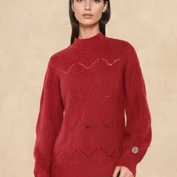 RAREISM Maroon Acrylic Solid Long Sleeves Sweater-image-30
