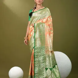 CHARUKRITI Orange Silk Zari Saree With Unstitched Blouse-picture-26