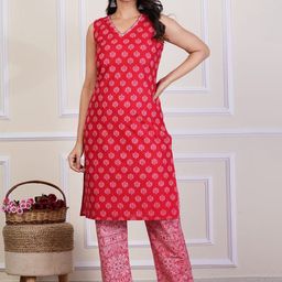 DEVIDINO Floral Printed V-Neck Straight Kurta With Trousers-image-44
