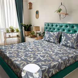 Aura Grey & Beige Floral Printed Fitted 300 TC King Bedsheet With 2 Pillow Cover-20