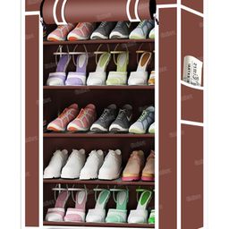 Fiddlerz Multipurpose 5 Shelves Shoe Rack Cabinet with Zip Door Cover Side Pockets Collapsible Shoes Shelf Shoerack Multiuse Storage Organizer for Footwear Toys Clothes(Non Woven Fabric) Brown-24