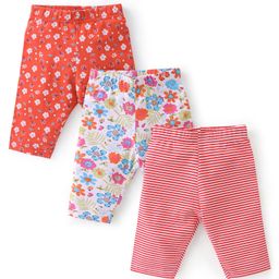 Babyhug Cotton Lycra Three Fourth Length Leggings Stripes & Floral Print Pack of 3- Red Pink & White-image-125