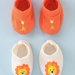 Doodle Poodle 100% Cotton Lion PrintedBooties Pack of 2 -White & Orange-image-37