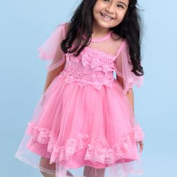 Mark & Mia Cap Sleeves Party Frock With Net Solid Colour - Pink-image-80