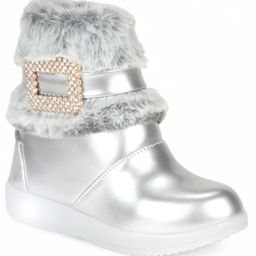 Lil Lollipop Stone Detailed Fur Embellished Glossy & Zipper Party Boots With Light - Silver-image-70