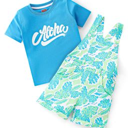 Babyhug 100% Cotton Knit Dungarees & Half Sleeves T-Shirt With Text & Tropical Print - Green & Blue-image-94