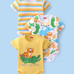 Babyhug 100% Cotton Knit Half Sleeves Onesie With Animal Print Pack of 3 - Multicolor-image-92