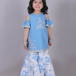 lil' drama Lil Drama Cold Shoulder Floral Embroidered Kurta & Lace Embellished Sharara Set - Blue-picture-13