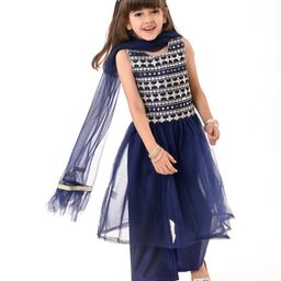 Babyhug Woven  Sleeveless Net Embroidered Kurti Palazo Set with Dupatta - Navy Blue-picture-10