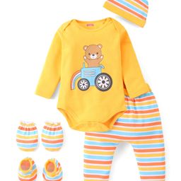 Babyhug 100% Cotton Full Sleeves Onesie with Lounge Pant & Cap Mittens and Booties Teddy Print - Yellow-image-7