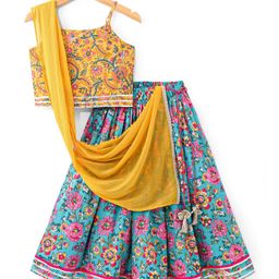Babyhug Cambric Woven Sleeveless Choli Lehenga Set with Mirror Work & Dupatta - Blue-image-73