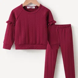 Kookie Kids Full Sleeves Frill Detailed Top & Leggings Co-Ord Set - Maroon-picture-14