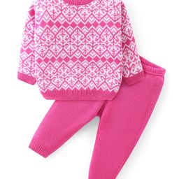 Babyhug Knitted Full Sleeves Sweater Set With Colour Aztec Design - Pink-image-69