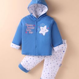 Child World Quilted Knit Winter WearFull Sleeves Hooded T-Shirt & Lounge Pant Set with Star Print - Blue-image-78