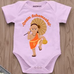 KNITROOT Onam Theme Half Sleeves Onam Ashamsakal Text Printed Onesie - Pink-image-6