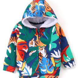 Babyhug Cotton Knit Full Sleeves Hooded Tiger & Leaves Printed Sweatjacket with Front Zipper  - Navy Blue & Green-image-69