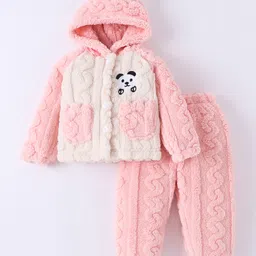 Kookie Kids Full Raglan Sleeves Hooded Front Open Winter Wear Night Suit With Teddy Applique - Pink-picture-1