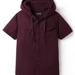 Pine Kids Cotton Woven Half Sleeves Solid Colour Hooded Shirt - Wine-picture-21