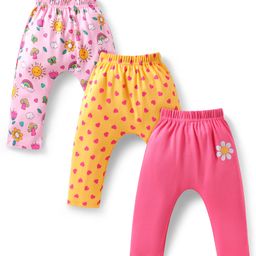 Babyhug Cotton Knit Full Length Diaper Leggings with Floral & Hearts Print Pack of 3 - Yellow & Pink-image-119