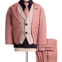 Rikidoos Cotton Full Sleeves Checked 4 Piece Party Suit Set With Tie - Peach-image-87