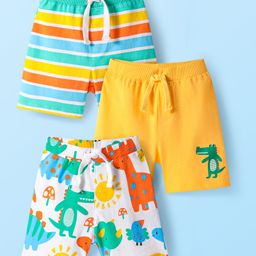 Babyhug Cotton Knit Mid Thigh Lenght Shorts with Dino Print & Stripes Pack of 3 - Yellow & White-image-36