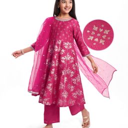 Pine Kids Woven Three Fourth Sleeves Kurti Salwar Set with Dupatta & Floral Foil Print - Dark Pink-image-15