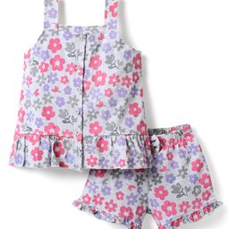 Bodycare Cotton Knit Sleeveless Front Open Top & Shorts Co-Ord Set With Floral Print - Light Grey-image-6