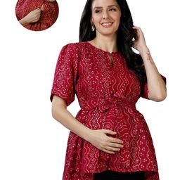 Mom for sure by Ketki Dalal 100% Cotton Woven Half Sleeves Bandhani Printed Maternity Top With Concealed Zipper Nursing Access - Maroon-image-66