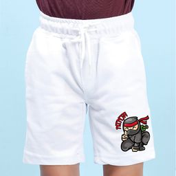 NUSYL Cotton Blend Ninja Text Printed Shorts - White-image-3