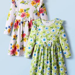 Honeyhap Premium Cotton Knit Full Sleeves Frocks With Floral Print & Bow Applique Pack Of 2 - Wild Lime & Bright White-image-93
