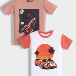 Orange Sugar 100% Cotton Knit Pack Of 2 Half Sleeves Rocket & Car Printed Tees - Soft Red & White-picture-34