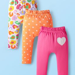 Babyhug Cotton Knit Full Length Diaper Leggings With Polka Dot Print Pack Of 3 - Orange-picture-20