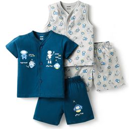 CUCUMBER Sinker Knit Half Sleeves Shorts Co-Ord Night Suits With Robot Print Pack of 2 - Blue & Light Grey-image-86