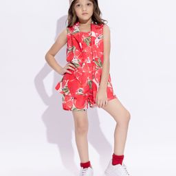 Taffykids Muslin Woven Sleeveless Pomegranate Printed Top & Coordinating Shorts With Jacket Set - Red & Multi Colour-image-77