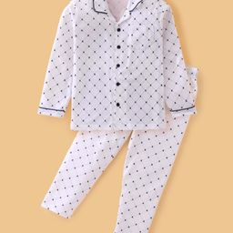 Doreme Single Jersey Knit Full Sleeves Co-ords Front Open Night Suit With Checks - White-image-61