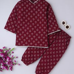 BAATCHEET Cotton Woven Three Fourth Sleeves Floral Motifs Printed Kurti With Coordinating Pant Set - Red-image-57