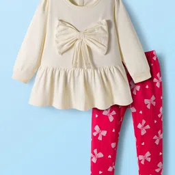 Babyhug Single Jersey Knit Full Sleeves Top and Leggings Set with Bow Print & Applique - Offwhite & Red-picture-33
