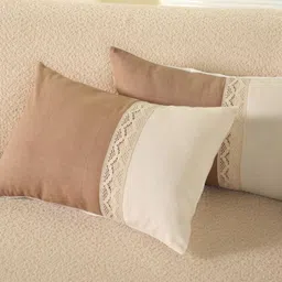 Peepul Tree SS-2025 Taupe 2 Pieces Colourblocked Crochet Rectangle Cotton Cushion Covers-15
