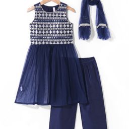 Babyhug Woven  Sleeveless Net Embroidered Kurti Palazo Set with Dupatta - Navy Blue image 4