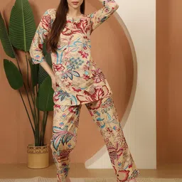 House Of Attire Pure Cotton Floral Printed V-Neck Tunic With Trouser Co-Ords-picture-12
